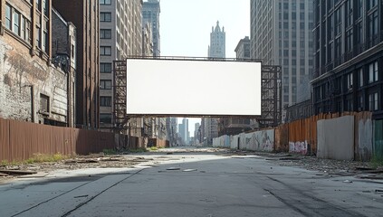 Obraz premium A blank white billboard on the side of an urban building, cityscape in the background