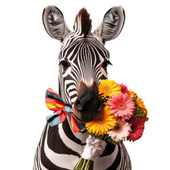 Zebra with Flowers and Bowtie on Transparent Background