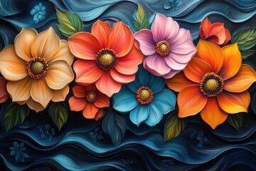 Vibrant flower arrangement with rich colors against a textured blue background