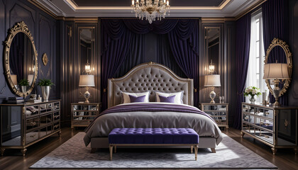 Fototapeta premium Luxury purple colour bedroom isolated 