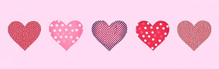A line of hearts of pastel pink colors and designs on pain white background made with generative AI