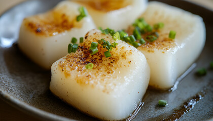 Cooked white mochi rice cakes roasted toasted baked in oven in traditional Japanese way on plate macro closeup of texture