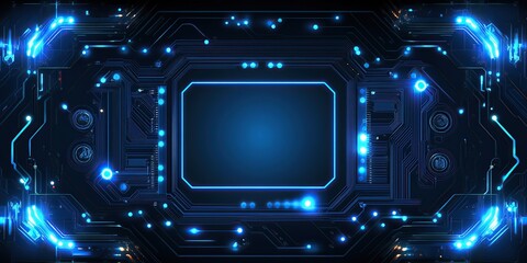 A blue circuit board with glowing elements and an empty square in the center