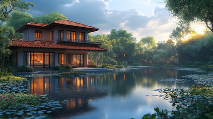 Naklejka premium A house near a pond is depicted in a dreamy illustration,