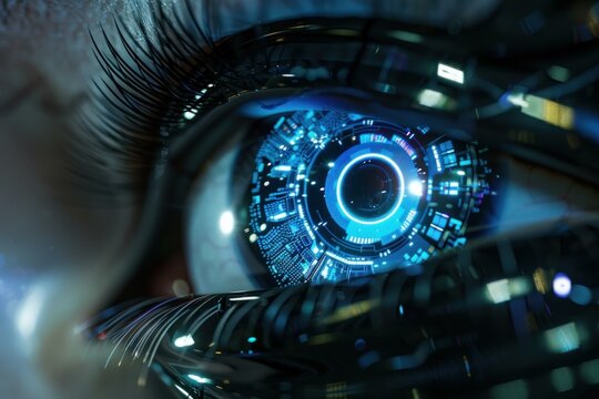 Close up of a futuristic cyborg eye with glowing circuits and a hud interface, showcasing advanced technology and data analysis - Powered by Adobe