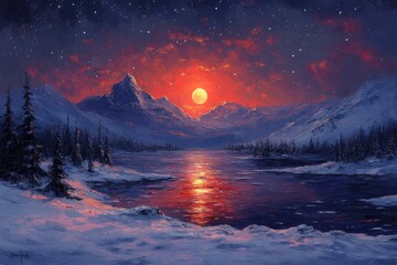 Majestic sunset over serene snow-covered mountains and a tranquil lake during winter evening