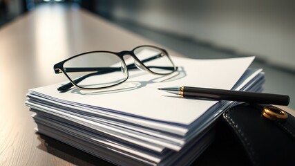 Stack of Papers, Glasses, Pen -  AI Photo Realistic