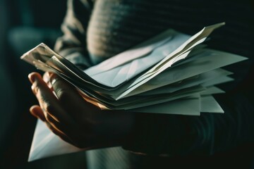 Person holding stack of envelopes in soft lighting