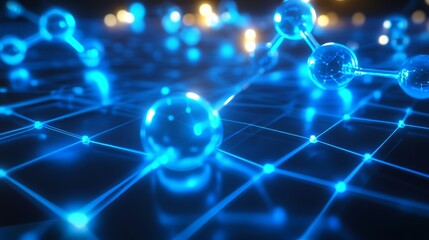 A glowing blue grid with molecules floating above it. 