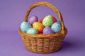 Colorful easter eggs in a basket on green grass field with daisies and a blue sky in the background.