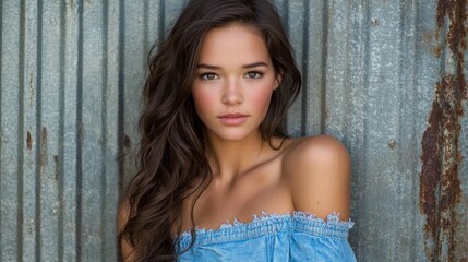 Fototapeta premium Young woman posing against a textured metal backdrop with a relaxed expression under natural light