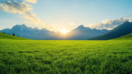 Fototapeta premium Realistic photo of an alpine meadow at dawn with soft pastel clouds golden sunlight and tranquil snow capped peaks creating an elegant and serene backdrop 