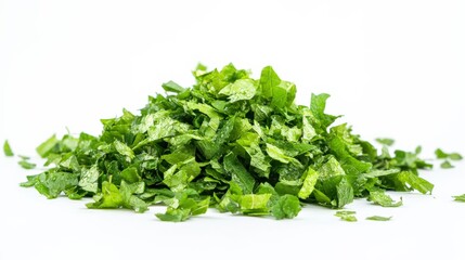 Obraz premium A pile of fresh mint leaves with crisp edges and dewy drops scattered on a smooth white background. Fresh, natural, culinary, simple