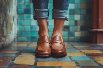 Close-up of stylish woman's feet in brown leather penny loafers and rolled-up jeans standing on a colorful tiled floor