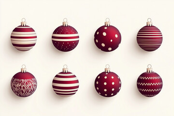 Set of eight simple, minimalistic vector Christmas ornaments with stripes and dots in a burgundy color palette, isolated on a light background