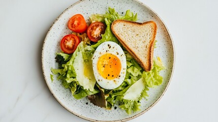 A clean, modern plate featuring a light salad, a boiled egg, and a small slice of toast