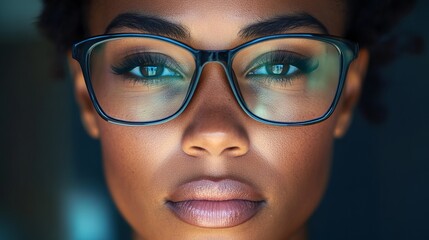 A professional businesswoman is wearing eyeglasses, and the camera captures her reflection. Her determined expression communicates her focus and determination. 