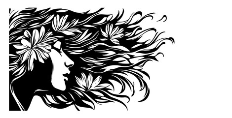 Obraz premium woman profile with flowing hair and flowers, black and white decorative illustration