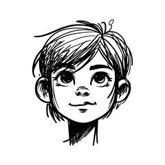 happy boy with short messy hair, black hand-drawn sketch illustration