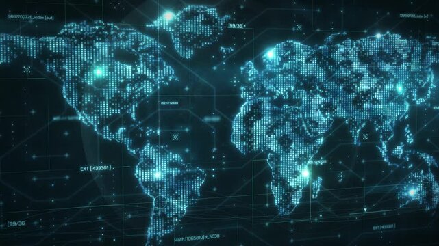 Digital world map showing global network and data flow