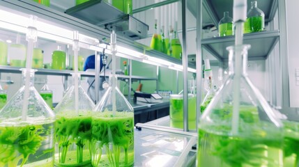 A sophisticated industrial biotechnology production facility with engineers scaling up production of biofuels from algae for sustainable energy solutions, Biotechnology production facility scene