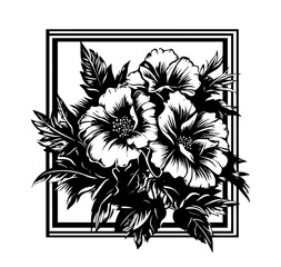 floral illustration with hibiscus flowers in bold vintage engraving style