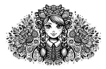 traditional folk girl illustration with floral decorative elements in vintage style