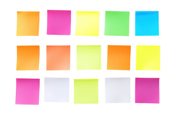 A row of colorful sticky notes are lined up on  , isolated on white background
