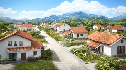Fototapeta premium Sustainable community through innovation for well-being Serene village landscape with houses and mountains in the background.