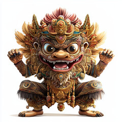 Colorful Balinese lion sculpture with intricate details and vibrant colors