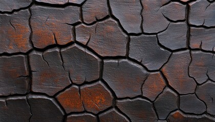 Naklejka premium Surface displays intricate cracks and rust patterns resulting from fire damage