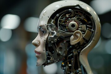 Fototapeta premium Profile of a humanoid robot showing internal components, symbolizing artificial intelligence and advanced robotics