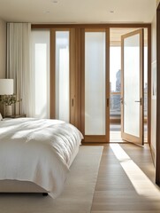 Fototapeta premium Modern Bedroom with Wooden Doors and City View