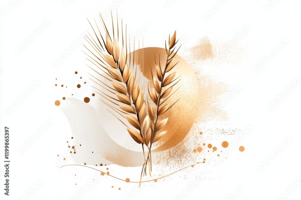 Poster a flat 2d illustration of a single stalk of wheat in golden tones, drawn with simple lines on a whit