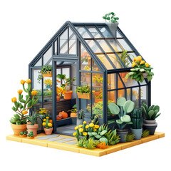 Colorful Garden Greenhouse with Plants and Flowers on Transparent Background