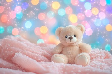 Cute teddy bear on soft pink blanket with colorful bokeh background