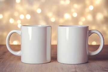 Two Blank White Coffee Mugs on Wooden Table Against Soft Lights