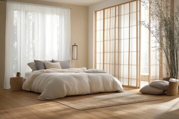 Fototapeta premium Serene Minimalist Bedroom Design With Natural Light