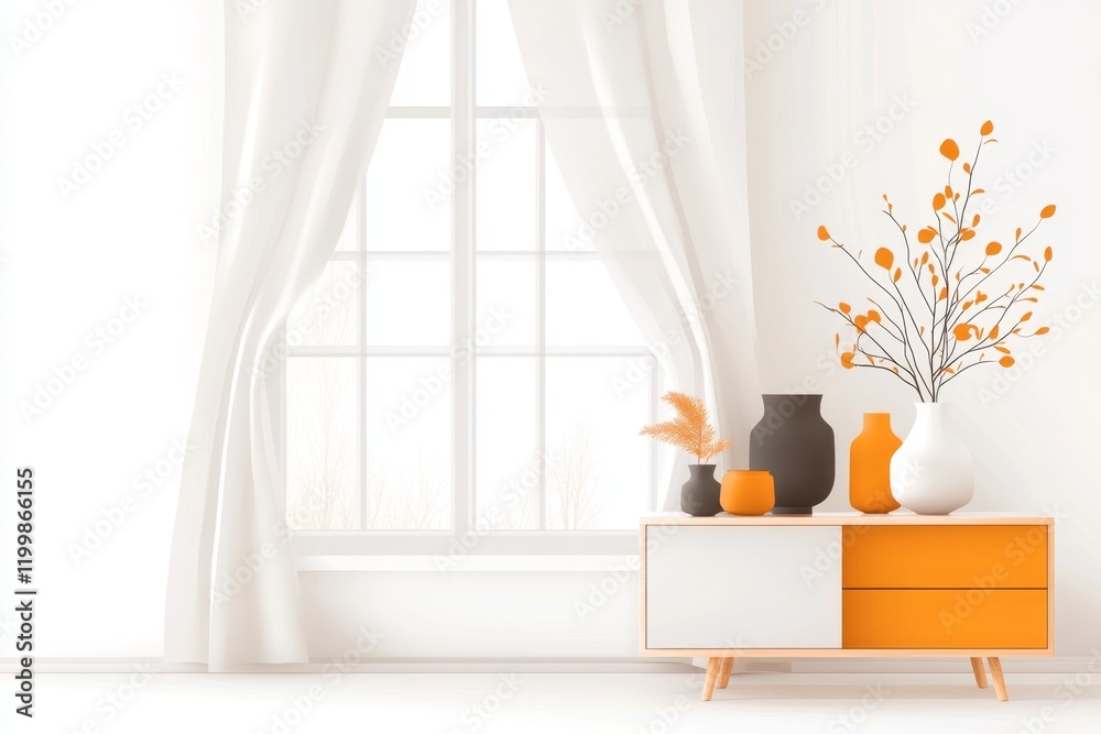Poster A flat illustration of a simple window with slightly open curtains, drawn in soft pastel tones and minimal detailing
