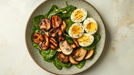 A modern flat-lay of a plate with spinach salad, boiled eggs, and grilled mushrooms