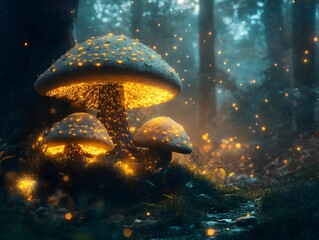 A whimsical fairy village surrounded by giant mushrooms