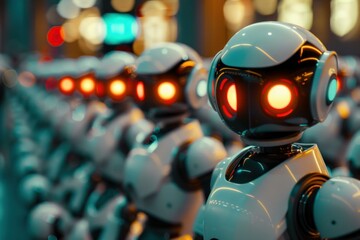 Fototapeta premium Army of robots with glowing red eyes standing in a row in a futuristic city at night