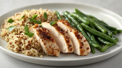 A portion-controlled meal with roasted chicken, quinoa pilaf, and green beans on a white plate