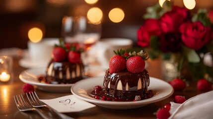 A romantic stock photo of a Valentines Day dessert setup in a restaurant. ai generated