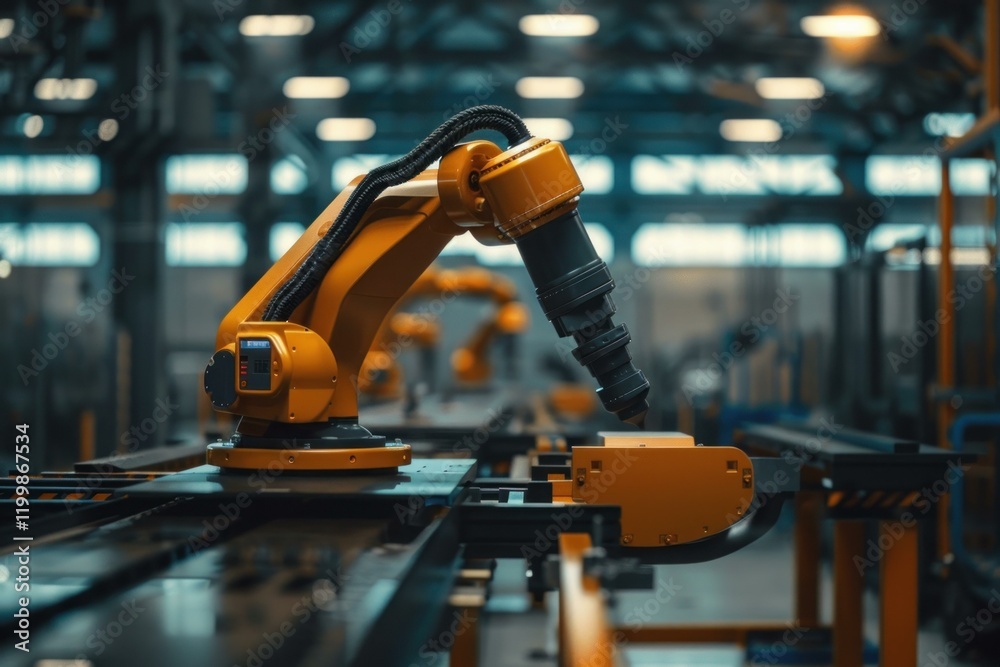 Poster modern robotic arms performing tasks on an assembly line in a technologically advanced factory setti
