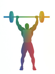 Obraz premium Powerful weightlifter silhouette, vibrant rainbow color gradient, overhead barbell press, strong muscles, fitness, strength, workout, gym.