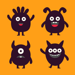 Happy Halloween. Cute monster set. Black silhouette monsters. Cartoon kawaii funny boo character. Different face. Eyes, teeth horns, hands. Childish style. Flat design. Orange background. Vector