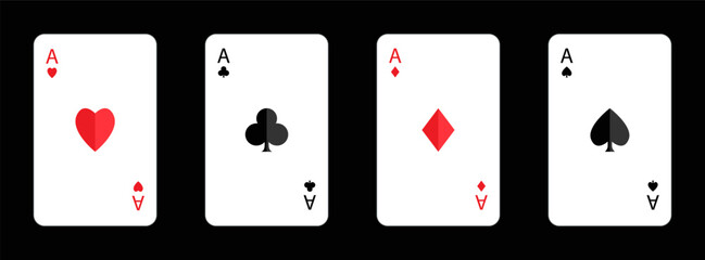 Four aces icon. Playing card set. Poker cards suits. Hearts, clubs, diamonds, spades ace shadow. Winning poker hand. Las Vegas Casino gambling concept. Flat design. Isolated. Black background. Vector