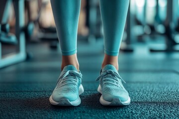 Close-up of female legs wearing turquoise sneakers and leggings standing in a gym, ready for workout