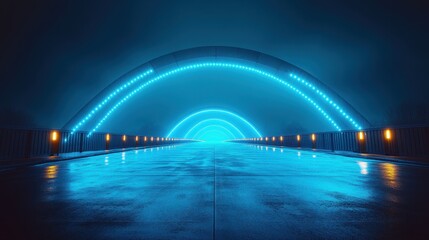 Obraz premium A futuristic tunnel illuminated with blue lights, reflecting on a wet surface.